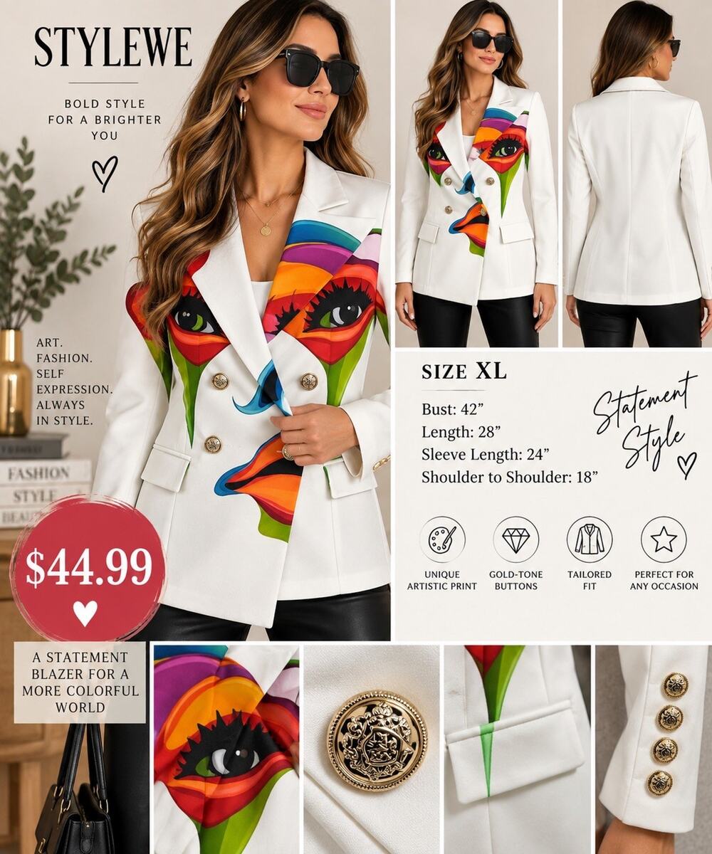 STYLEWE XL White Blazer Multicolor Abstract Face Art Gold Buttons Statement